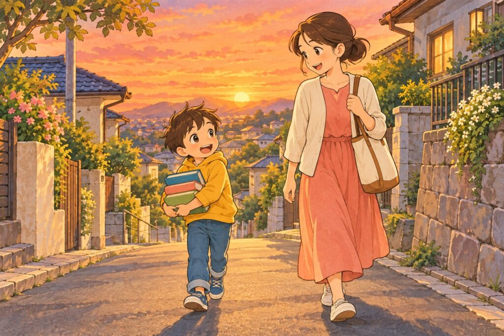 夕方の帰り道。本を三冊かかえて歩きながら、母親をふりかえって話す男の子