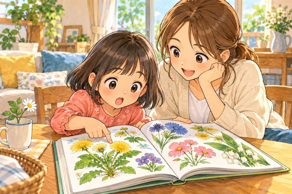 リビングで女の子と母親が花の図鑑を開き、女の子が探していなかった花のページを指さしておどろいている