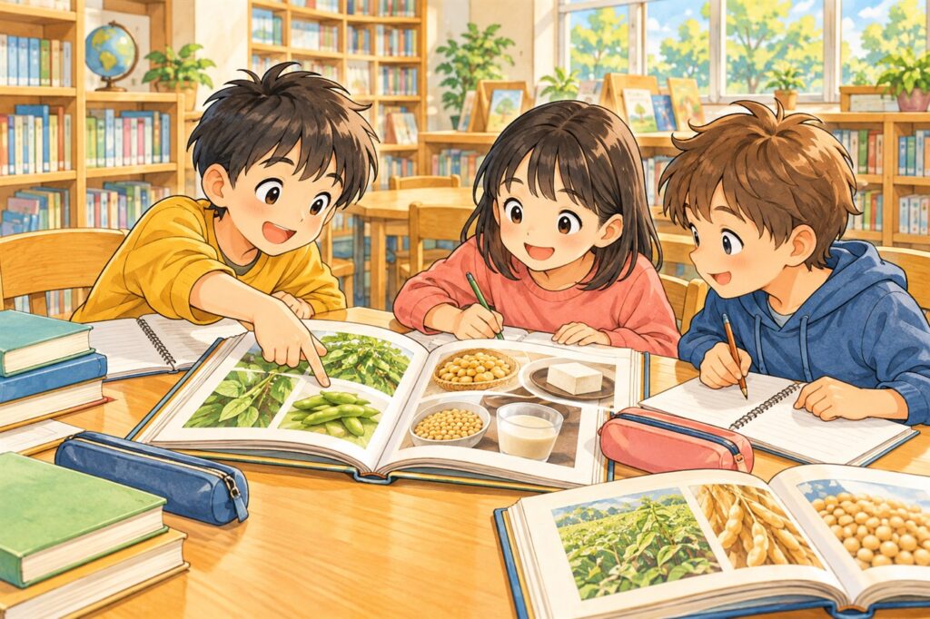 学校図書室で小学生3人が調べ学習の本を開き、大豆や豆腐の写真を指さしながらノートにまとめている