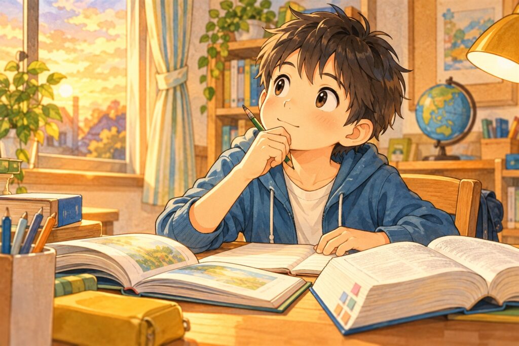 勉強机で本と辞書を開き、鉛筆を持って考えている小学生の男の子