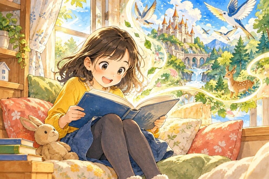 窓辺で本を夢中で読む女の子のまわりに、森や城、空を飛ぶ鳥など本の世界が広がっている