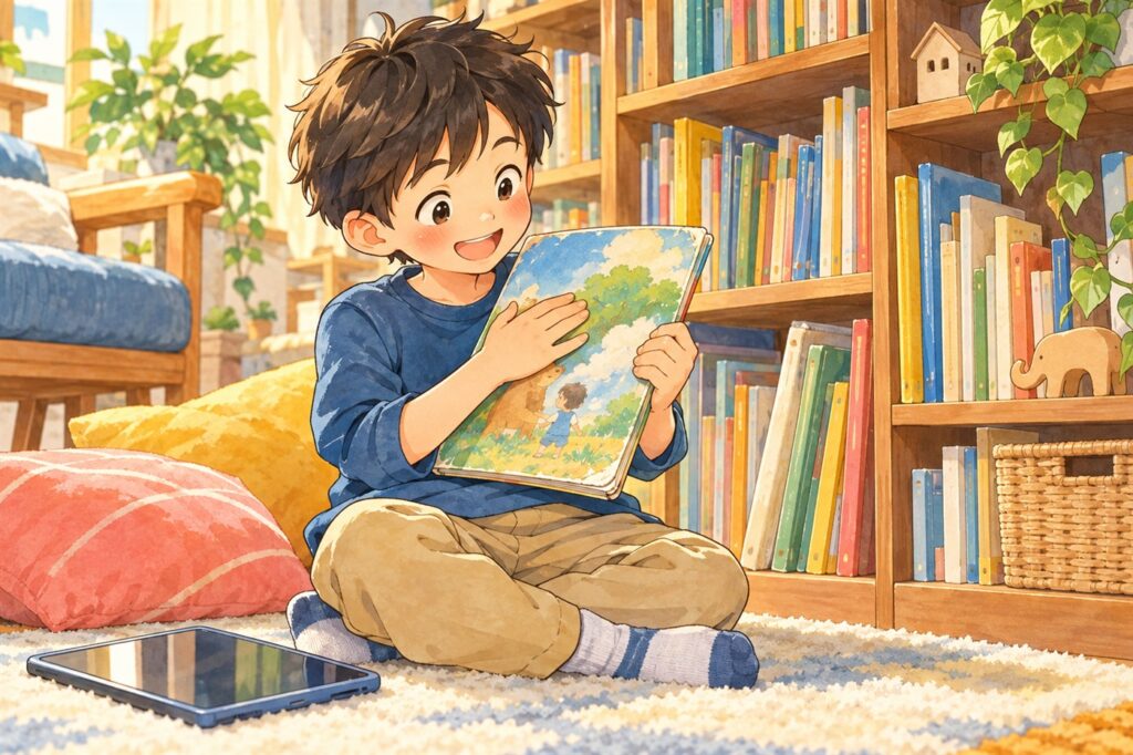 本棚の前で、何度も読んだ絵本をうれしそうに抱える男の子。足もとにはタブレットが置かれている