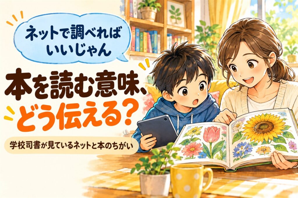 「ネットで調べればいいじゃん」と言う子に、本を読む意味をどう伝えるかを紹介する記事のアイキャッチ