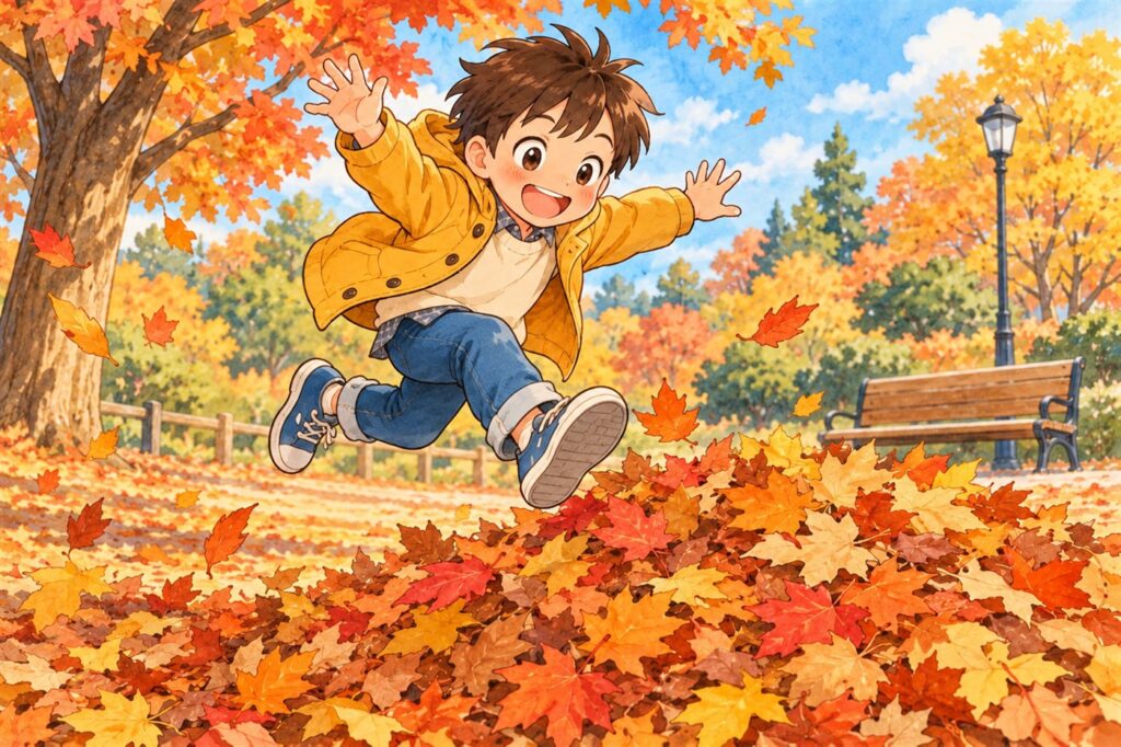 秋の公園で、落ち葉の山に両手を広げて飛びこむ小学生の男の子