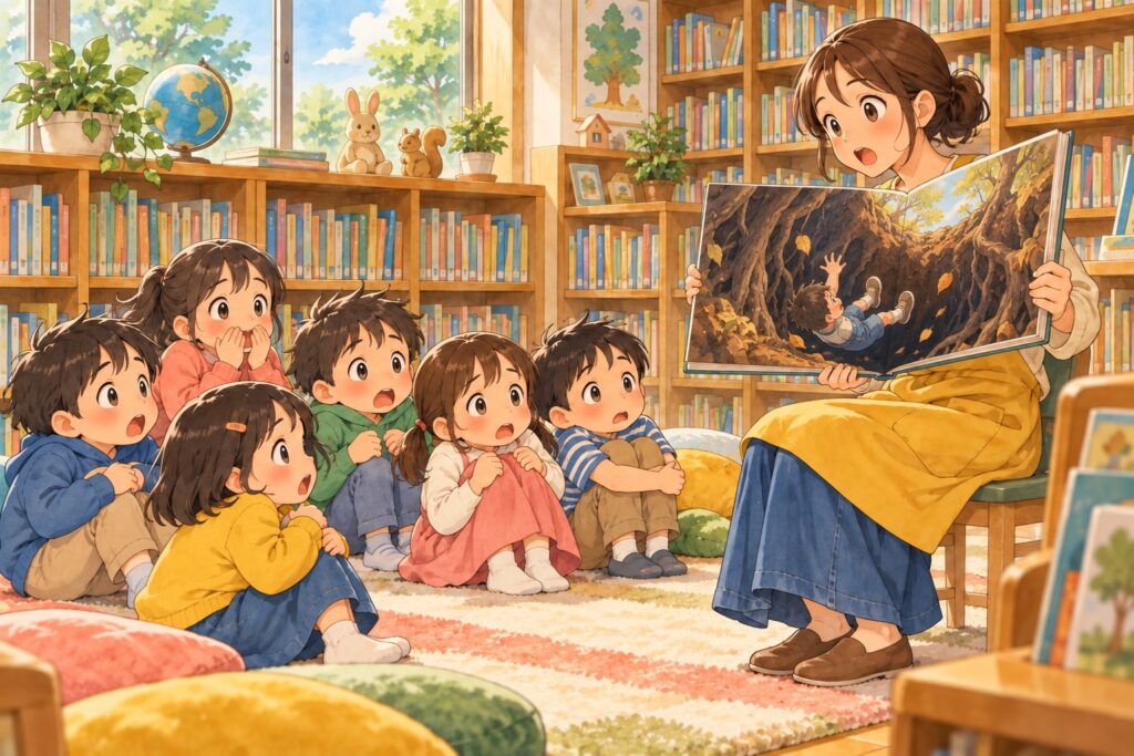 図書室で司書が読む絵本に、男の子が木の根元の穴へ落ちていく場面が描かれ、子どもたちが身を縮めて聞いている